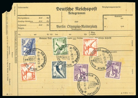 Stamp of Olympics » 1936 Berlin » Special Postmarks 1936 Berlin "Olympia-Reiterplatz" telegram form with seven Berlin Olympics stamps 