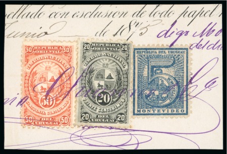Stamp of Uruguay 1868-72 5c blue used in conjunction with revenue stamps