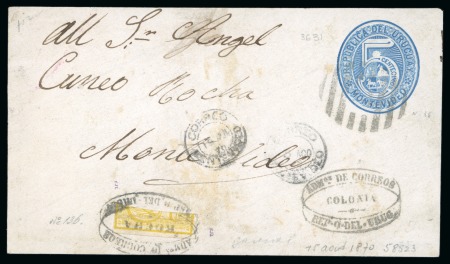 Stamp of Uruguay 1870 Front of 5c blue postal stationery envelope with trisect of 1868-72 15c imperforate, unique franking