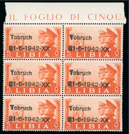 Stamp of Italy » Italian Colonies and Possessions » Libya 1942 LIBYA Italian German Brothership cpl. sets of Libya & A.O.I. with handstamp overprints Tobruch 21-6-1942-XX in MNH blks of 6