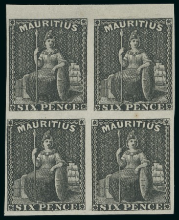Stamp of Mauritius » 1858-62 Britannia Issues (SG 26-35) 1858 Britannia 6d plate proof in black on stout wove paper in top marginal block of four