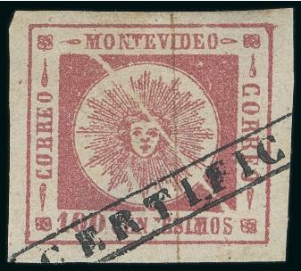 Stamp of Uruguay 1861 100c carmine, subtype 8A, two well margined examples