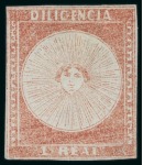 Stamp of Uruguay 1856 1r, two unused examples in dull red and vermilion