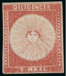 Stamp of Uruguay 1856 1r, two unused examples in dull red and vermilion