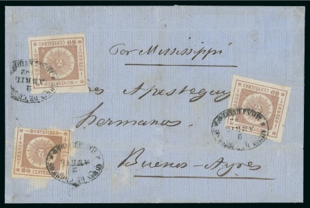 Stamp of Uruguay 1862 Double weight letter to Buenos Aires bearing three 1861 60c