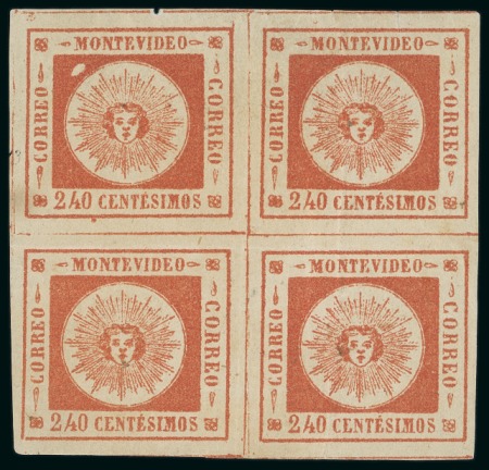 Stamp of Uruguay 1859 240c vermilion, block of four including subtype 13A