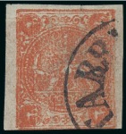 Stamp of Persia » 1868-1879 Nasr ed-Din Shah Lion Issues » 1876 Narrow Spacing (SG 15-19) (Persiphila 13-17) 1876 4sh. dull red, Type A, used single showing PRINTED