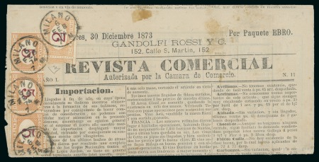 Stamp of Argentina 1873 "Revista Comercial" newspaper from Buenos Aires taxed with Italian postage dues