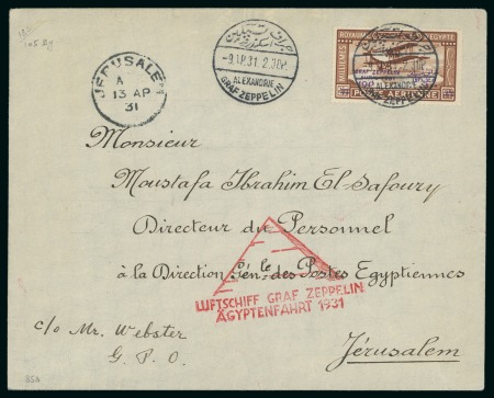 Stamp of Egypt » Commemoratives 1931 Zeppelin 100m on 27m tied to Zeppelin flight cover to Palestine by Alexandria Graf Zeppelin cds