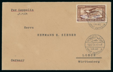 Stamp of Egypt » Commemoratives 1931 Zeppelin 100m on 27m tied to 1931 (Apr 10) Zeppelin flight cover to Germany and incoming Zeppelin flight cover from Germany