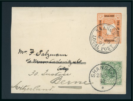 Stamp of China » Local Post » Shanghai Shanghai local post 1/2 cent postal stationery wrapper with a franking of the German Post 5 Pfg Vorläufer