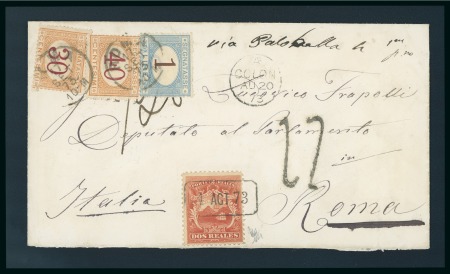 Stamp of Costa Rica 1873 Cover from San José to Rome, 1863 2r and three Italian postage dues