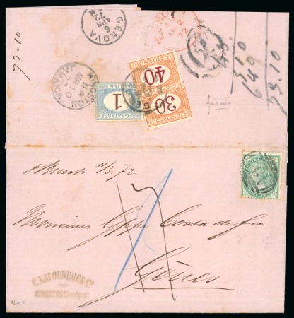 Stamp of Jamaica 1872 Entire from Kingston to Genoa, 1870 3d green and three Italian postage dues