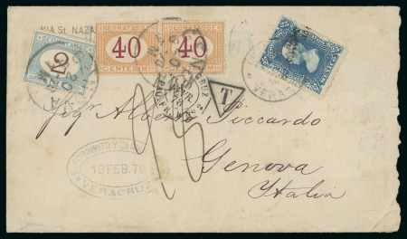 Stamp of Mexico 1870 Cover from Veracruz to Genoa, 1874-80 25c blue, taxed on delivery with postage dues