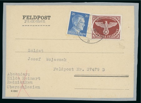 Stamp of Poland 1942 POLAND GERMAN EMPIRE Cpl. parcel cut out w. admission stamp in brown & 20Pf definitive from RADZIONKAU (Silesia)