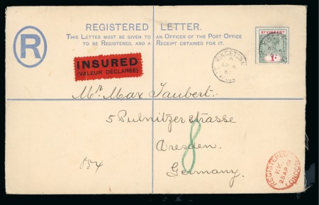 Stamp of St. Vincent ST. VINCENT 1901 1s 1899 issue tied to registered insured cover by KINGSTOWN 4.4.01 cds
