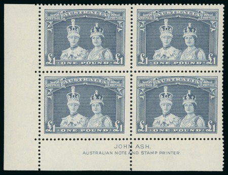 Stamp of Australia » Commonwealth of Australia 1932 Lyre Bird 1s green and 1938 Robes 5s, 10s and £1 in mint marginal blocks of four with John Ash printer's imprint