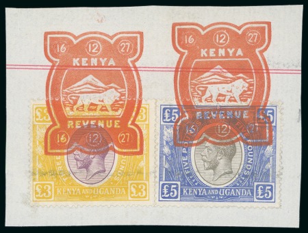 Stamp of Kenya, Uganda and Tanganyika » Kenya, Uganda and Tanganyika 1922-27 £3 and £5, tied to document piece by "kenya/