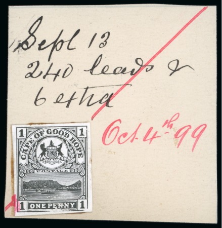 Stamp of South Africa » Cape of Good Hope 1900 Table Mountain 1d De La Rue master die proof affixed to DLR striking book piece