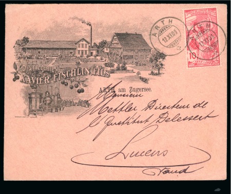Stamp of Switzerland / Schweiz » Weltpostverein UPU 1900 SCHWEIZ SWITZERLAND rosalila Kuvert mit Firmenansicht der Destillerie Fischlin in Arth m. 10rp UPU