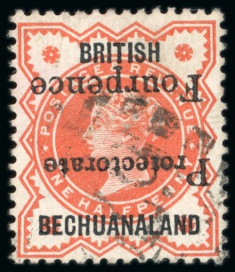 Stamp of Bechuanaland 1889 4d on 1/2d vermilion with inverted surcharge, used