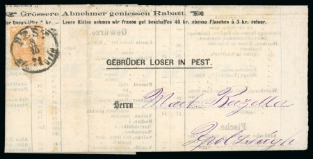 Stamp of Hungary 1871 2Kr orange tied to price-list of engros merchant by PEST 8.10.71 cds