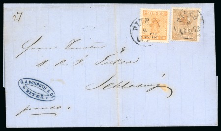 Stamp of Sweden 1872 Cover franked 24ö coat of arms + 3ö brown lion type from Pitea to Slesvig