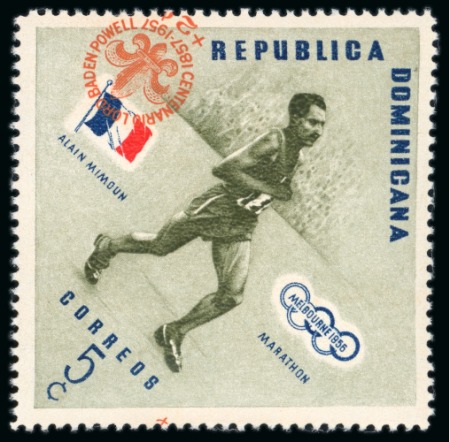 Stamp of Dominican Republic 1957 5c with INVERTED SCOUT JUBILEE OVERPRINT