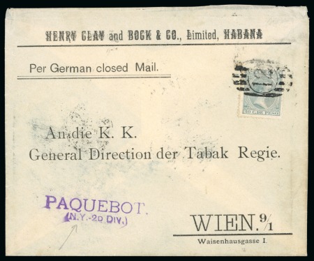 Stamp of Cuba CUBA 1896 Paquebot envelope franked 10c 1896 issue bearing oval bar numeral '12' alongside violet PAQUEBOT (N.Y.-2D DIV.) to Vienna