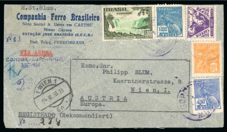 Stamp of Brazil BRAZIL 1938 Group of 10, mostly registered airmail covers with the high values of the 1937/38 tourism issue