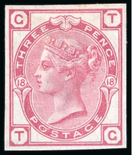 Stamp of Great Britain » 1855-1900 Surface Printed » 1873-80 Large Coloured Corner Letters 1875 3d rose pl.18 TG imperf. imprimatur