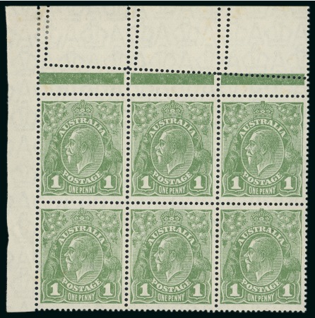 Stamp of Australia » Commonwealth of Australia 1926-30 1d sage-green perf. 14 mint marginal block of four showing a perforation error in the top margin