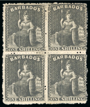 Stamp of Barbados 1870 Watermark Large Star Rough perf. 14 to 16 1s black block of four, mint with part original gum