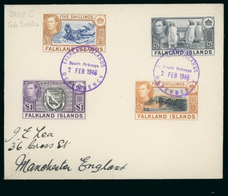 Stamp of Falkland Islands 1938-50 KGVI 2/6d. 5/-, 10/- and  £1 on Cover to J