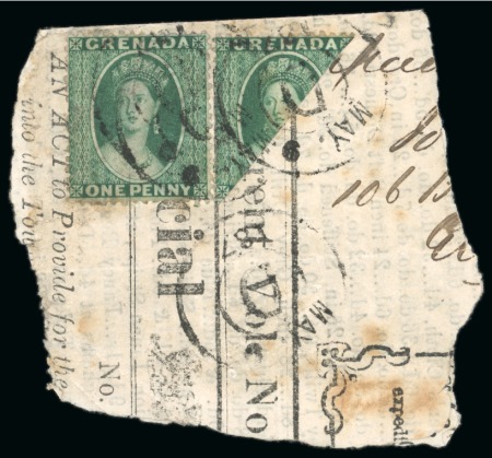 Stamp of Grenada 1873 (Jan) 1d. deep green, watermark small star sideways, clean-cut perf.15, bisected diagonally on piece