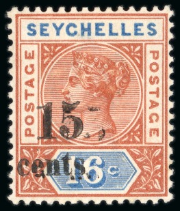 Stamp of Seychelles » Regular Issues 1893 15c on 16c, die 1, variety surcharge double,
