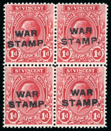Stamp of St. Vincent 1916 War Stamp 1d red mint block of four, showing 3rd setting with words 1.5 mm apart