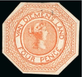 Stamp of Australia » Tasmania 1853-54 Courier 4d orange Pl. II proof on vertically laid paper