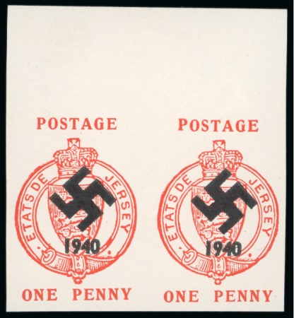 Stamp of Great Britain » Channel Islands » Jersey 1940 1d. Scarlet Bigwood unissued essay imperforate pairs from the top of the sheet, with and with out "Swastica 1940" overprint