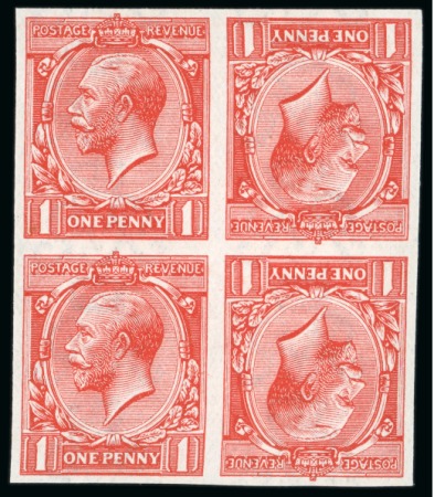 Stamp of Great Britain » King George V » 1912-24 Profile Head Issues 1912 1d scarlet, wmk Royal cypher, in imperforate imprimatur tête-bêche block of four, mint n.h.