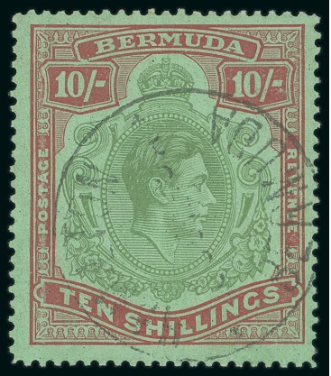 Stamp of Bermuda 1938-53 10s Dull Yellow Green & Carmine on green, line perf. 14 1/4 on chalk-surfaced paper, showing Head Plate Flaw 