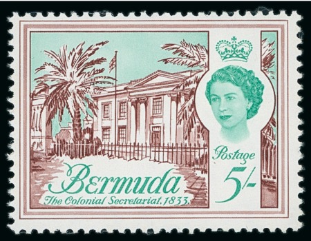 Stamp of Bermuda 1970 Surcharged Architecture Definitives 60c on 5s with SURCHARGE OMITTED variety mint n.h., and 6c on 6d with inv. wmk used