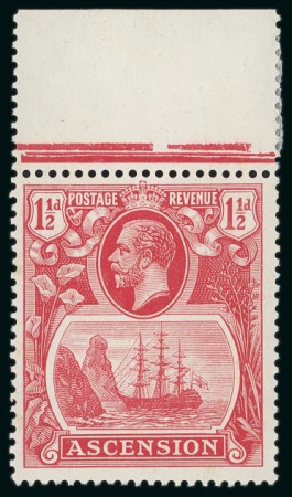 Stamp of Ascension 1924-33 1 1/2d Scarlet mint n.h. top marginal with variety "broken scroll" mint and 2d Grey-Black & Grey with variety "torn flag" with "Madame Joseph" forged cancel