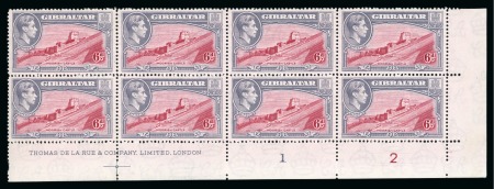 Stamp of Gibraltar 1938-51 6d Carmine & Grey-Violet perf.14 mint lower right corner marginal block of 8 with De La Rue printer's imprint and plate numbers
