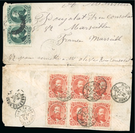 Stamp of Brazil 1877 Cover to France bearing 1876-77 10r horizontal block of six and 100r pair