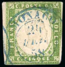 Stamp of Colonies françaises » Monaco 1855, Timbre Sassone 13Ad 5 c. "verde gallo" sur fragment,