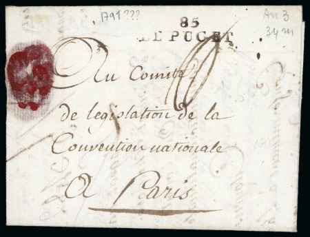 Stamp of Auction catalogues 1795, An 3, Lettre avec marque postale "85/LE PUGET'