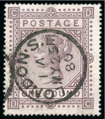Stamp of Great Britain » 1855-1900 Surface Printed » 1867-83 High Values 1867-83 £1 brown-lilac pl.1 DC, a very fresh used example