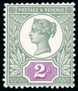 Stamp of Great Britain » 1855-1900 Surface Printed » 1887-1900 Jubilee Issue & 1891 £1 Green 1899 Jubilee 2d colour trial with purple duty plate and green head plate, mint n.h.