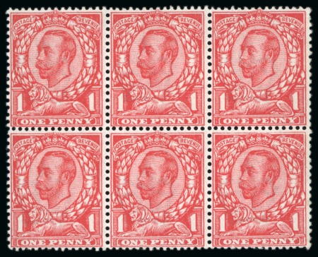 Stamp of Great Britain » King George V » 1911-12 Downey Head Issues 1912 1d. scarlet mint block of six, including varieties no cross on crown on the lower left and lower right stamps